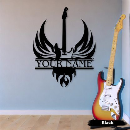 Personalized Strat guitar metal sign on wall